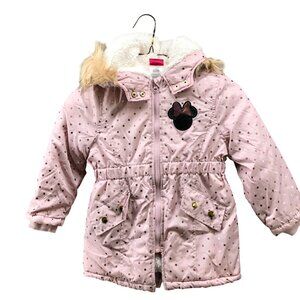 Disney Girls 3T Puffer Jacket Pink Minnie Mouse Hooded Sherpa Lined Parka Winter